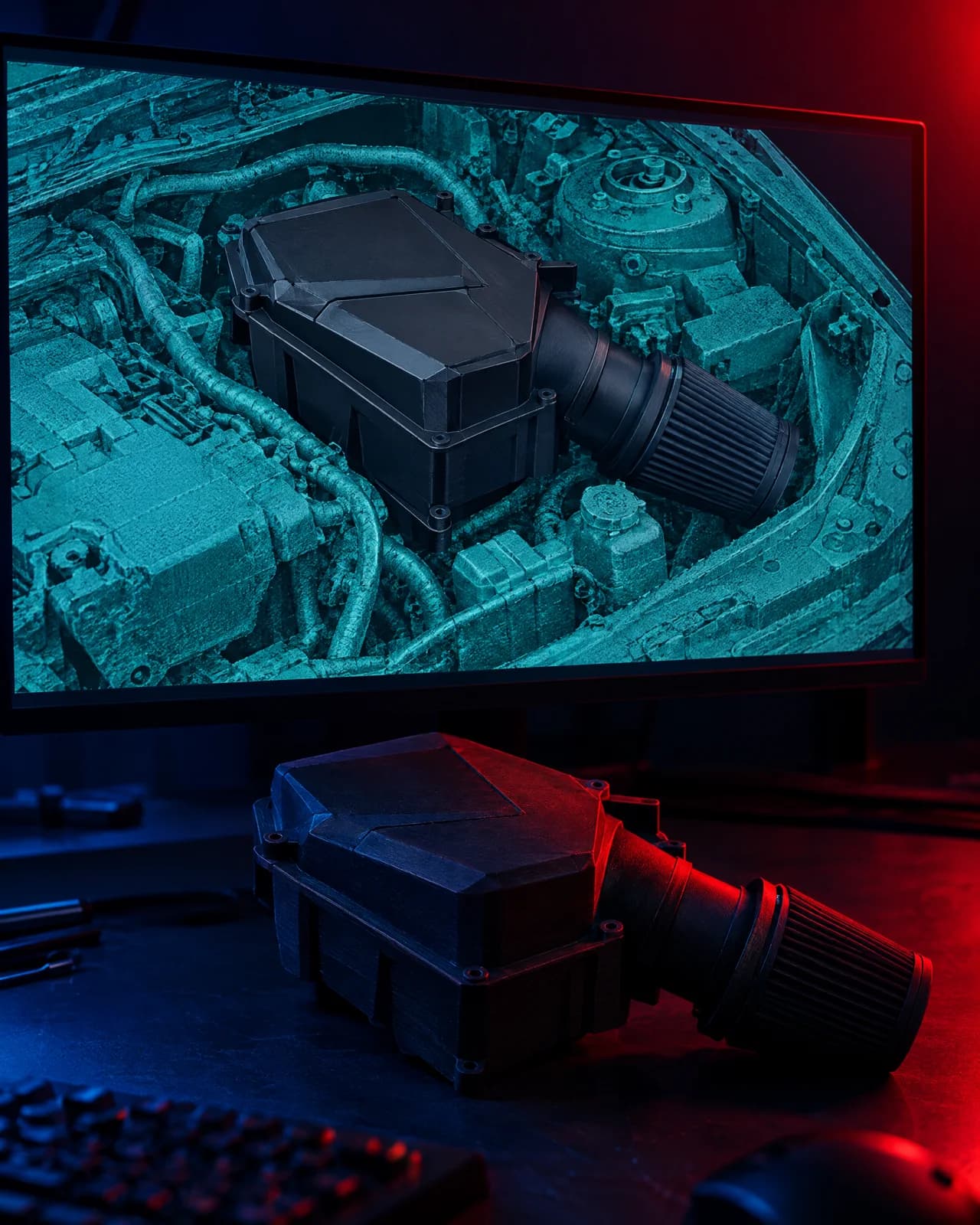 CAD model of an intake pipe built over a teal 3D scan of an engine bay, on a large monitor