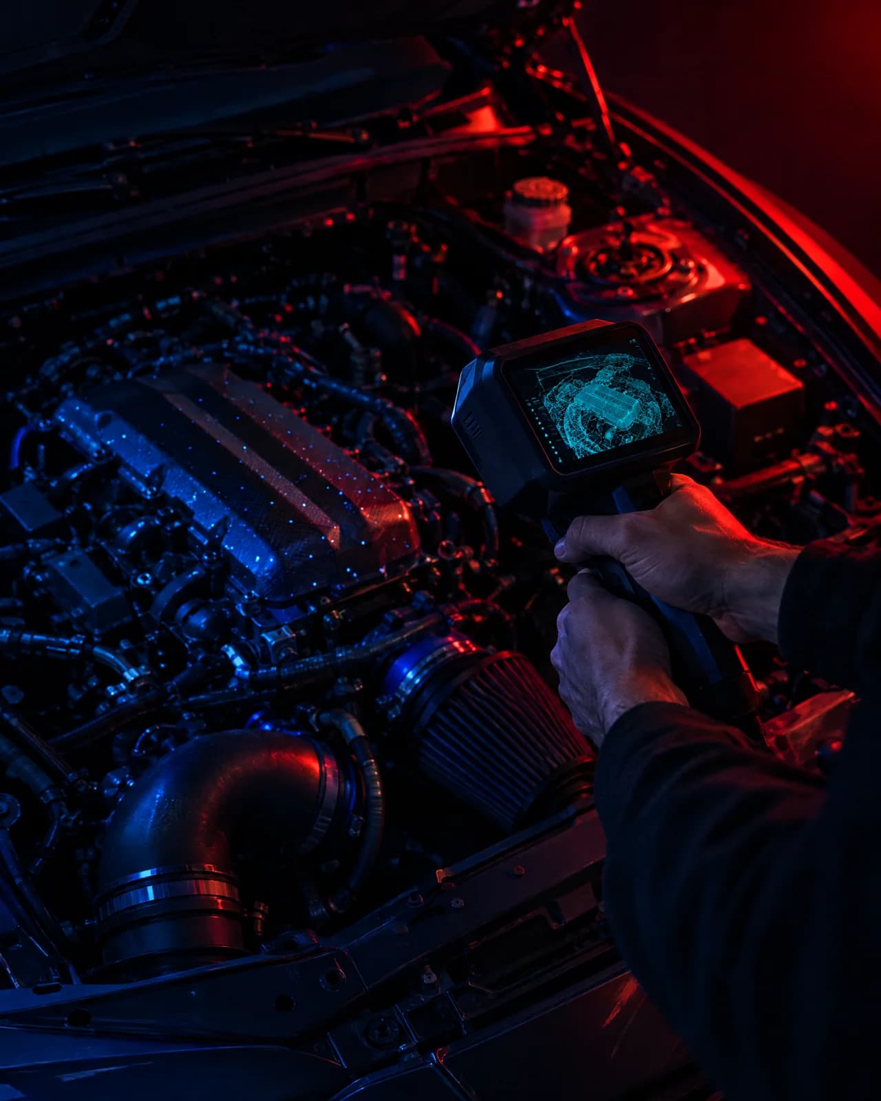 Handheld 3D scanner capturing an engine bay, the scan mesh building on a tablet screen
