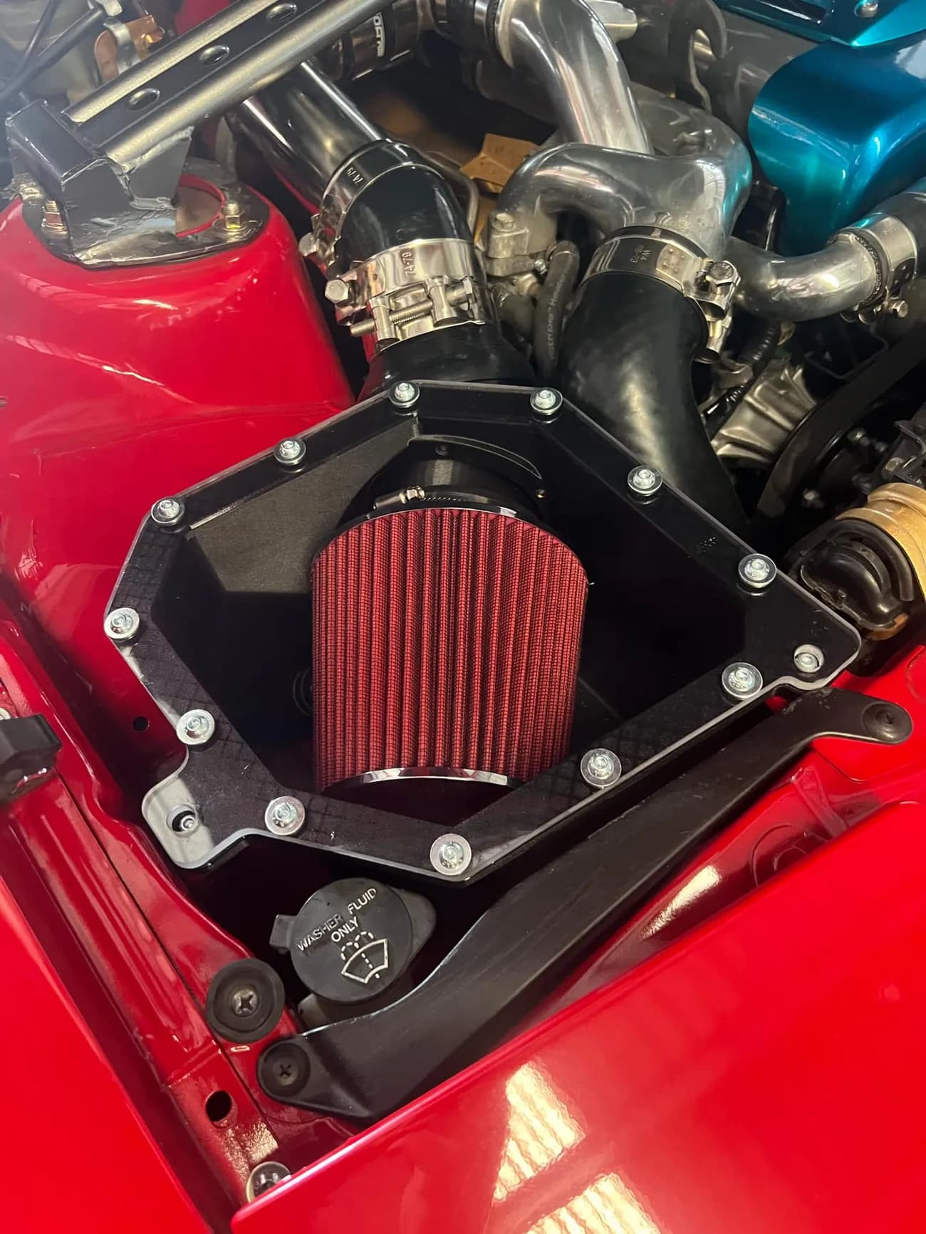 Roccomotive airbox fitted in a Toyota Supra engine bay