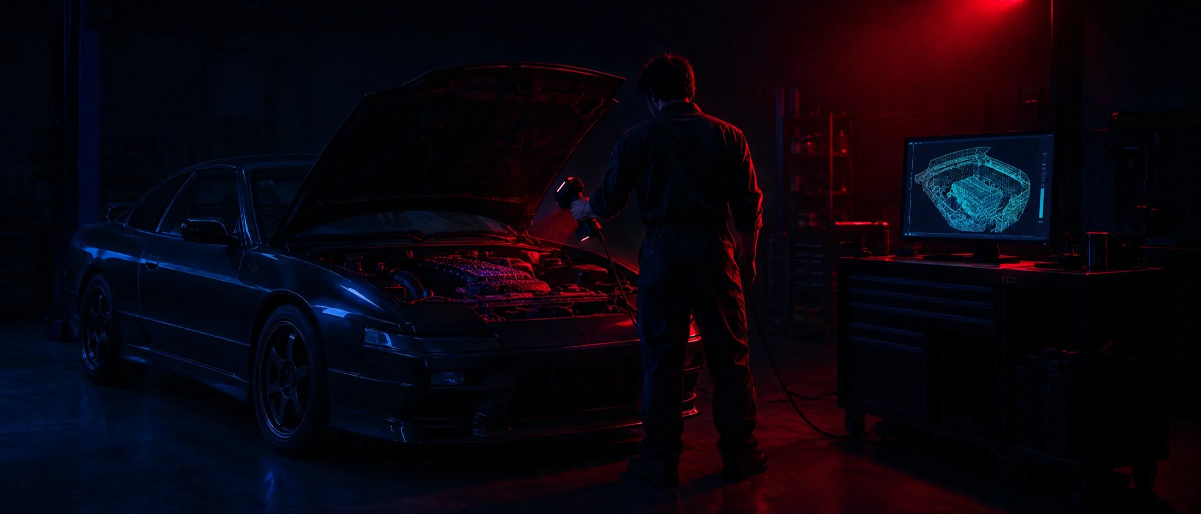 A technician scanning an engine bay while the mesh builds on the bench monitor
